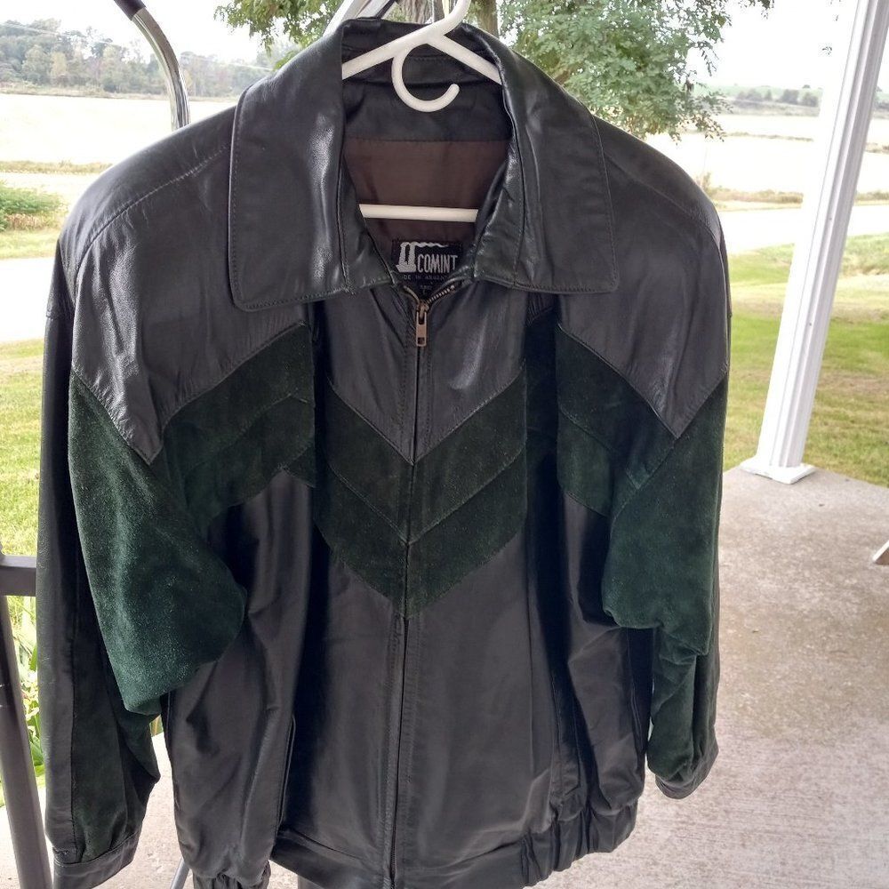 Vintage Dark Geen Leather Bomber Jacket with Green Seude Chervon Accent